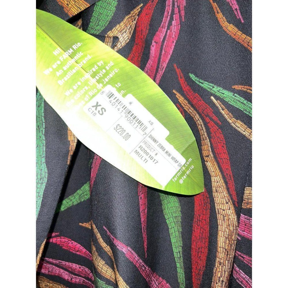 NWT FARM RIO Black Shiny Multicolor Leaf Print Mini Wrap Dress Size XS - Picture 7 of 7